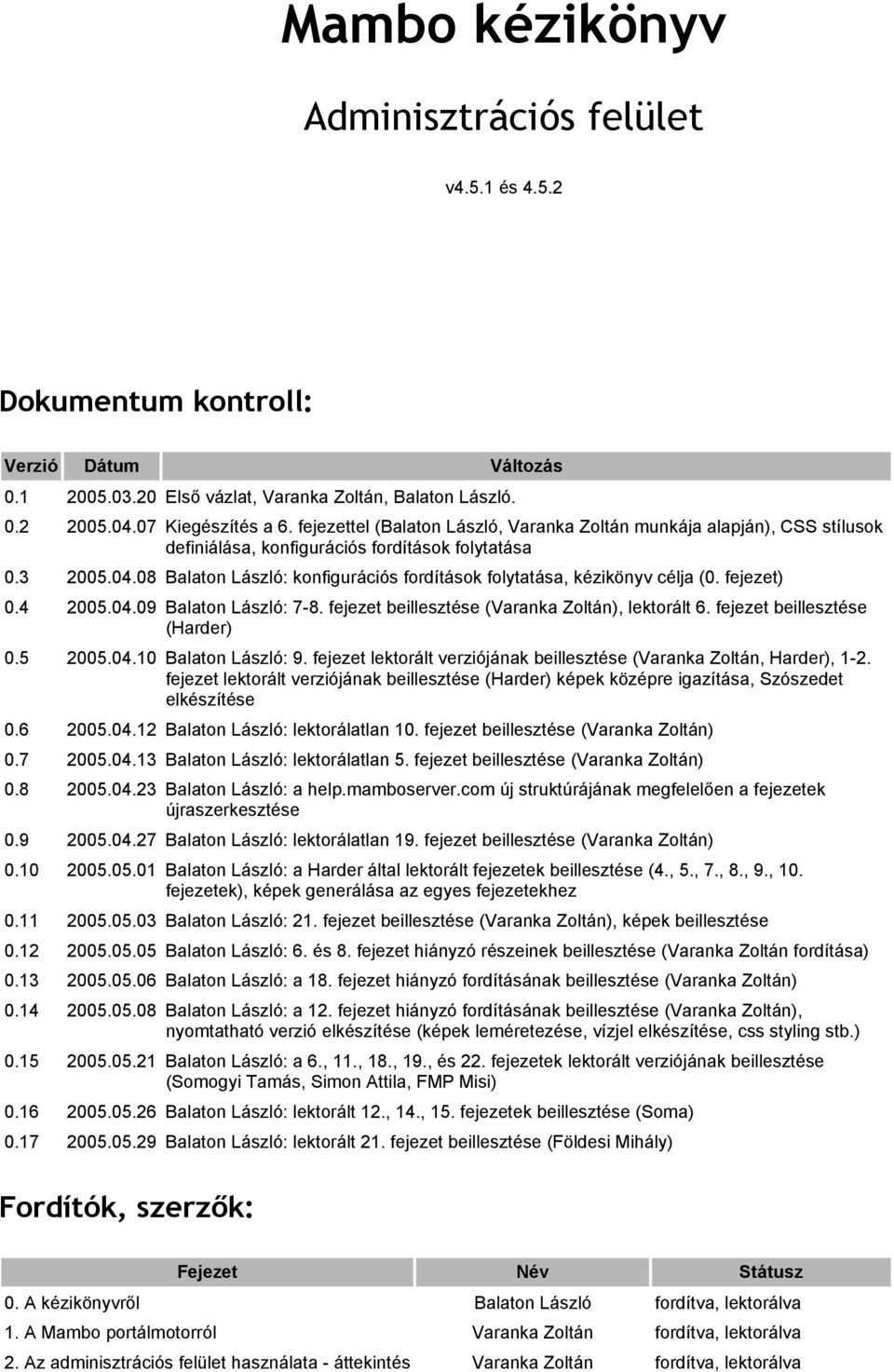 08 Balaton László: konfigurációs fordítások folytatása, kézikönyv célja (0. fejezet) 0.4 2005.04.09 Balaton László: 7-8. fejezet beillesztése (Varanka Zoltán), lektorált 6.