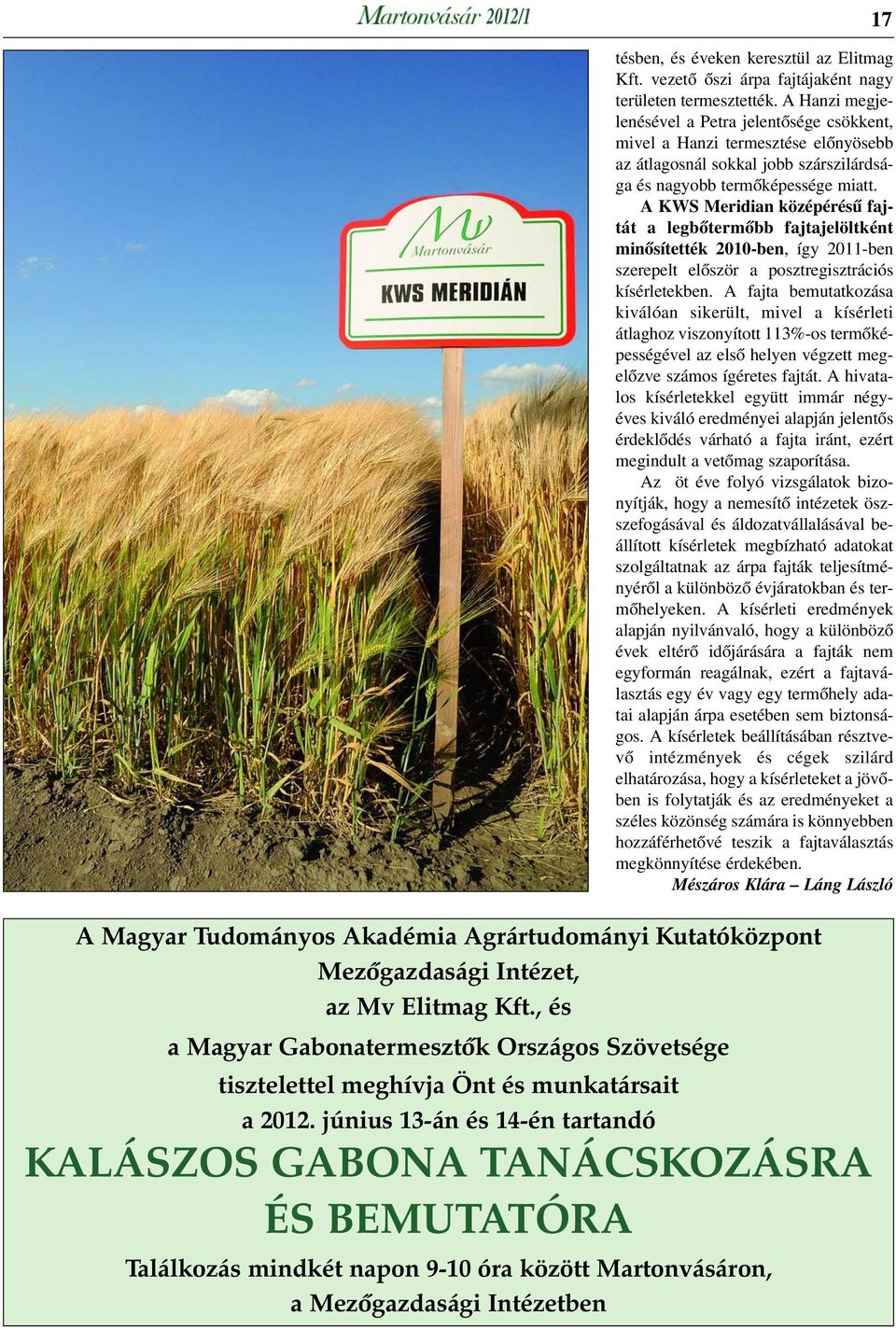 A KWS Meridian középérésû fajtát a legbõtermõbb fajtajelöltként minõsítették 2010-ben, így 2011-ben szerepelt elõször a posztregisztrációs kísérletekben.