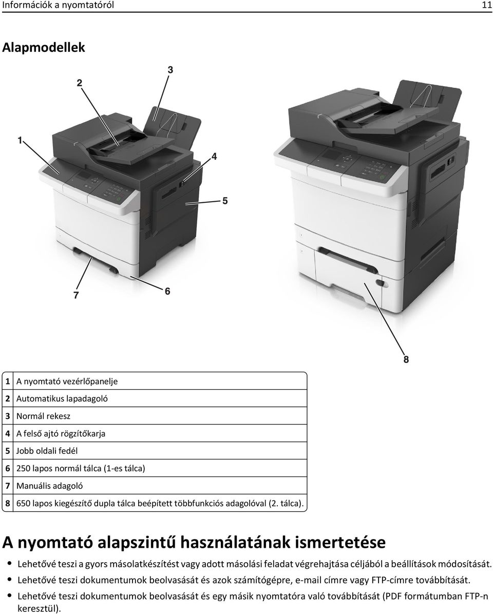 7 Manuális adagoló 8 650 lapos kiegészítő dupla tálca beépített többfunkciós adagolóval (2. tálca).