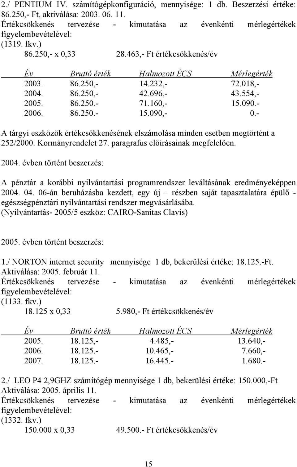 Kormányrendelet 27. paragrafus előírásainak megfelelően. 2004. évben történt beszerzés: A pénztár a korábbi nyilvántartási programrendszer leváltásának eredményeképpen 2004. 04.