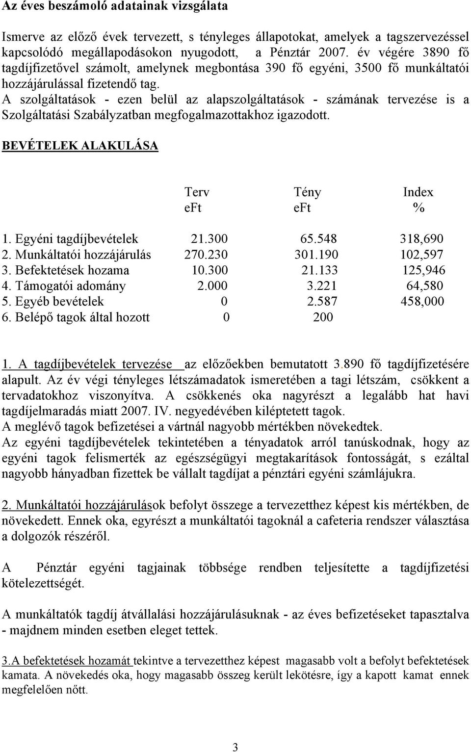 A szolgáltatások - ezen belül az alapszolgáltatások - számának tervezése is a Szolgáltatási Szabályzatban megfogalmazottakhoz igazodott. BEVÉTELEK ALAKULÁSA Terv Tény Index eft eft % 1.