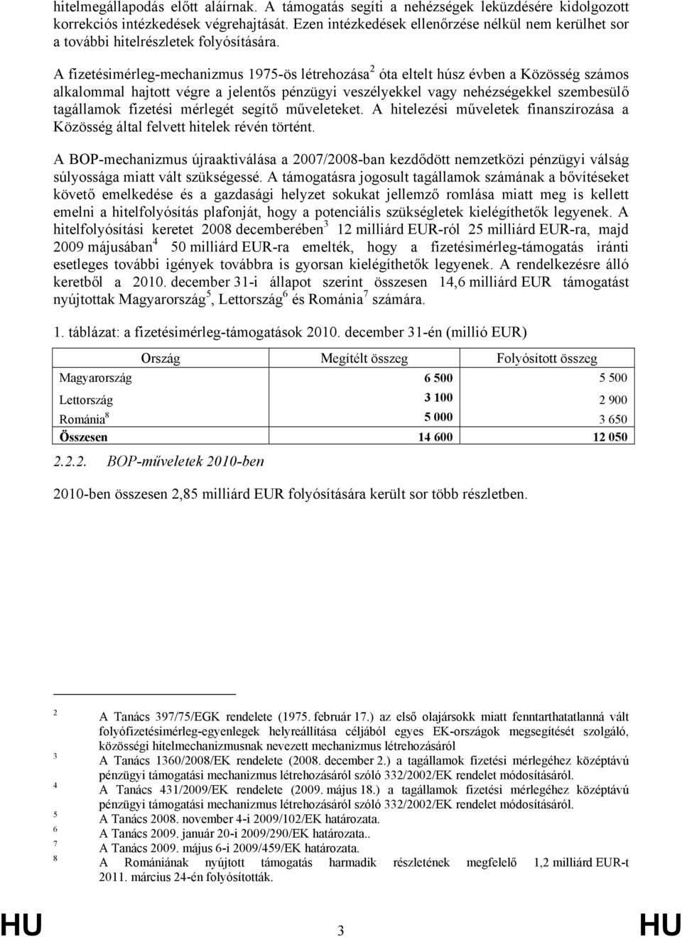 A fizetésimérleg-mechanizmus 1975-ös létrehozása 2 óta eltelt húsz évben a Közösség számos alkalommal hajtott végre a jelentős pénzügyi veszélyekkel vagy nehézségekkel szembesülő tagállamok fizetési