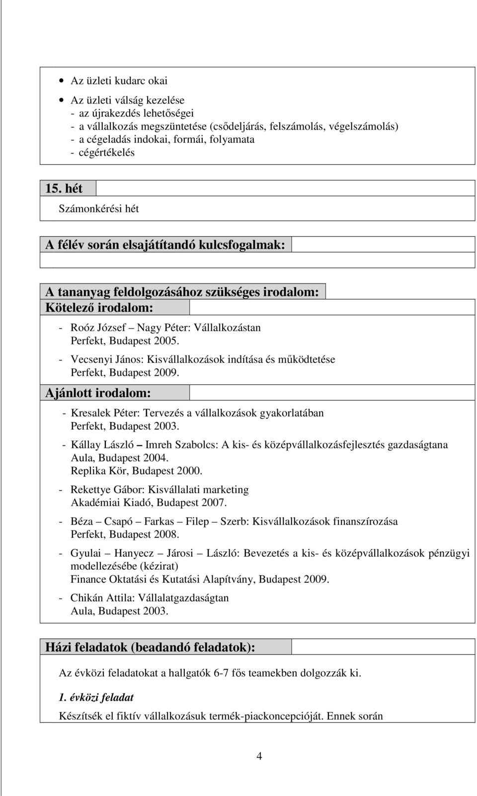 hét Számonkérési hét A félév során elsajátítandó kulcsfogalmak: A tananyag feldolgozásához szükséges irodalom: Kötelezı irodalom: - Roóz József Nagy Péter: Vállalkozástan Perfekt, Budapest 2005.