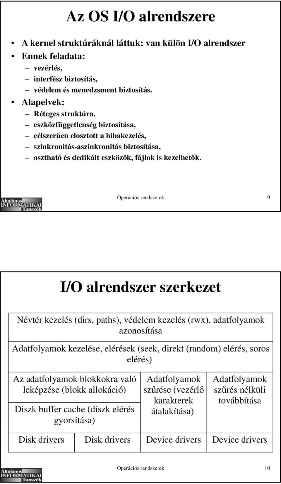 Operációs rendszerek 9 I/O alrendszer szerkezet Névtér kezelés (dirs, paths), védelem kezelés (rwx), adatfolyamok azonosítása Adatfolyamok kezelése, elérések (seek, direkt (random) elérés, soros