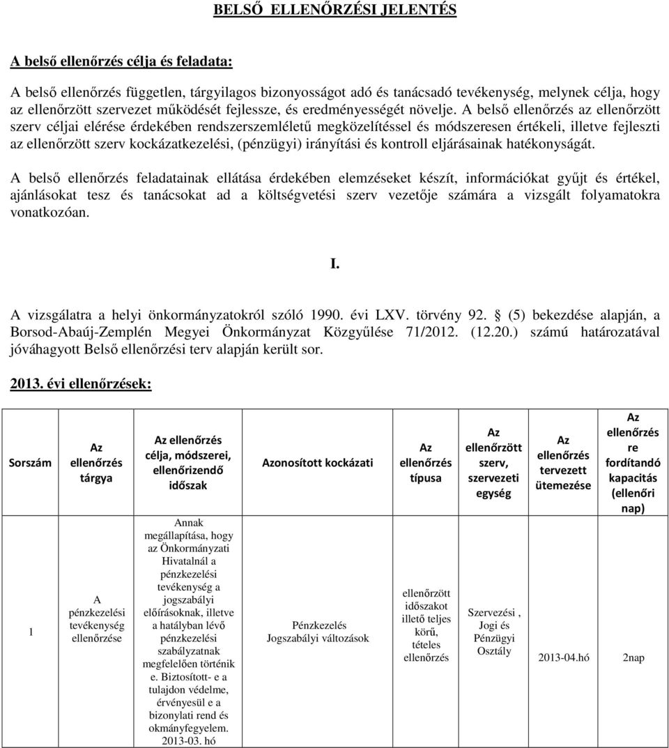 A belső az ellenőrzött szerv céljai elérése érdekében rendszerszemléletű megközelítéssel és módszeresen értékeli, illetve fejleszti az ellenőrzött szerv kockázatkezelési, (pénzügyi) irányítási és