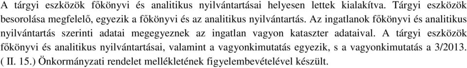 ingatlanok főkönyvi és analitikus nyilvántartás szerinti adatai megegyeznek az ingatlan vagyon kataszter adataival.