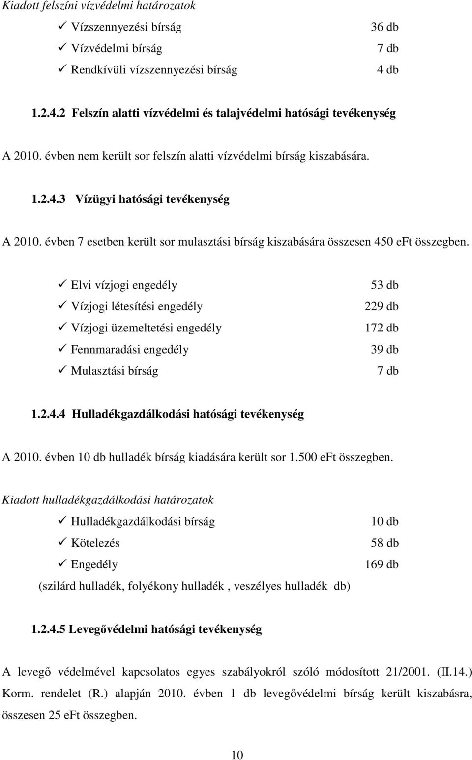 Elvi vízjogi engedély Vízjogi létesítési engedély Vízjogi üzemeltetési engedély Fennmaradási engedély Mulasztási bírság 53 db 229 db 172 db 39 db 7 db 1.2.4.