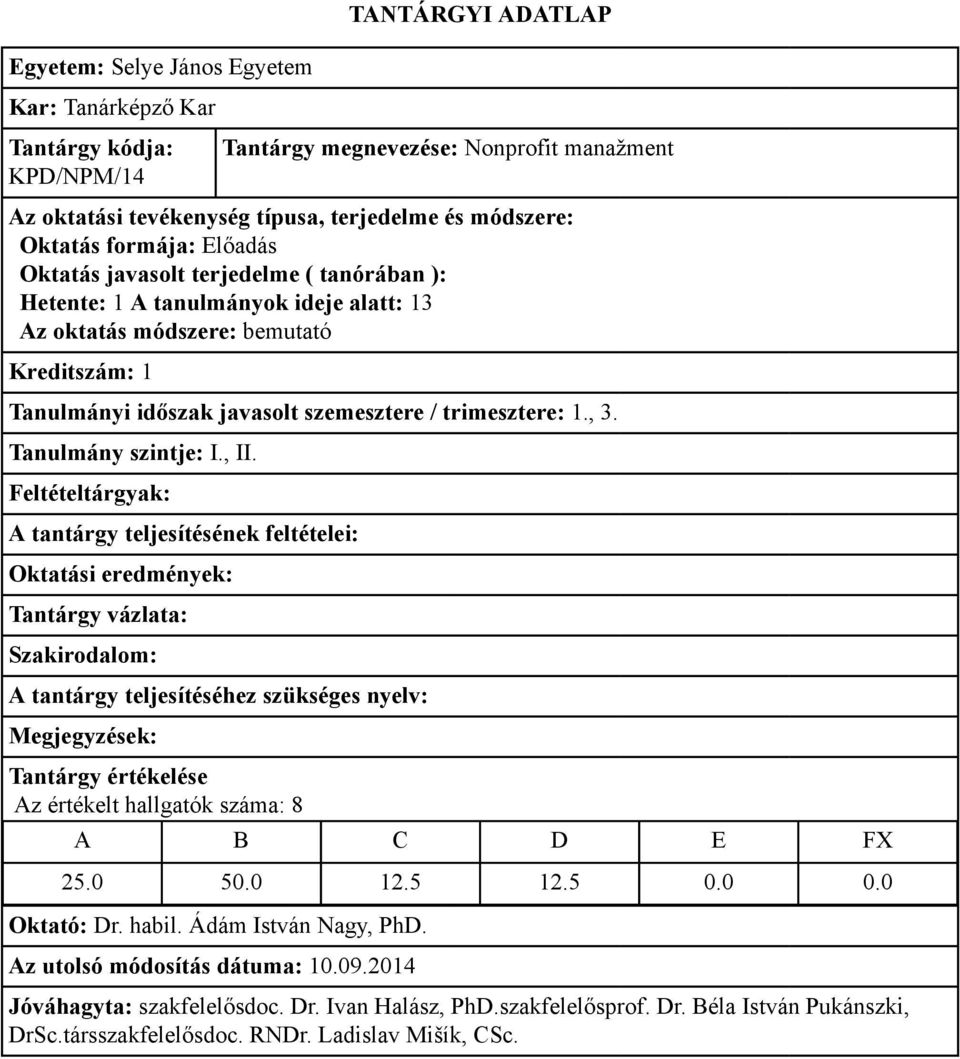 Tanulmány szintje: I., II. Az értékelt hallgatók száma: 8 25.0 50.0 12.