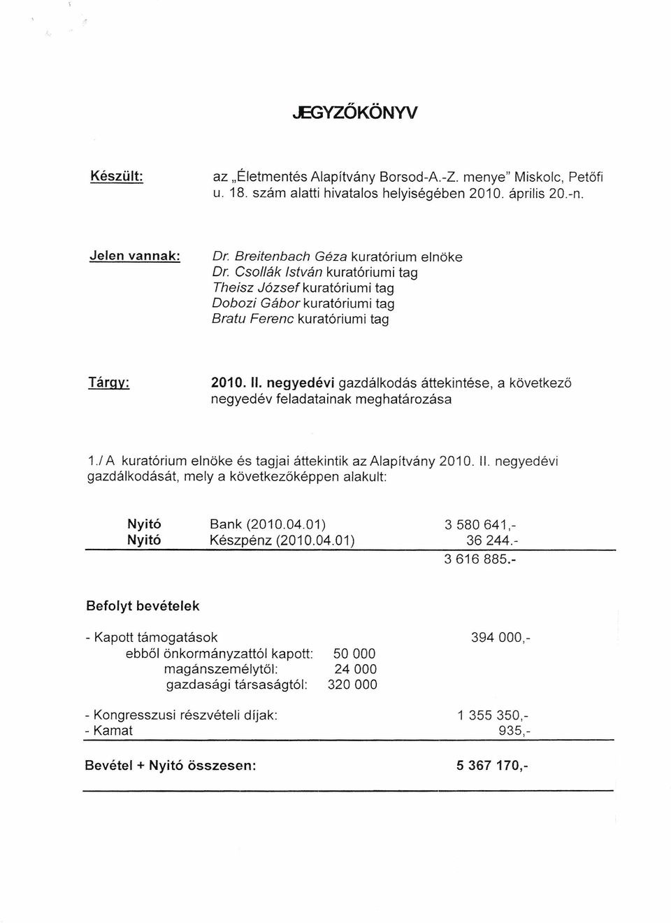 / A kuratórium elnöke és tagjai áttekintik az Alapítvány 2010. II. negyedévi gazdáikadását, mely a következőképpen alakult: Nyitó Nyitó Bank (2010.04.