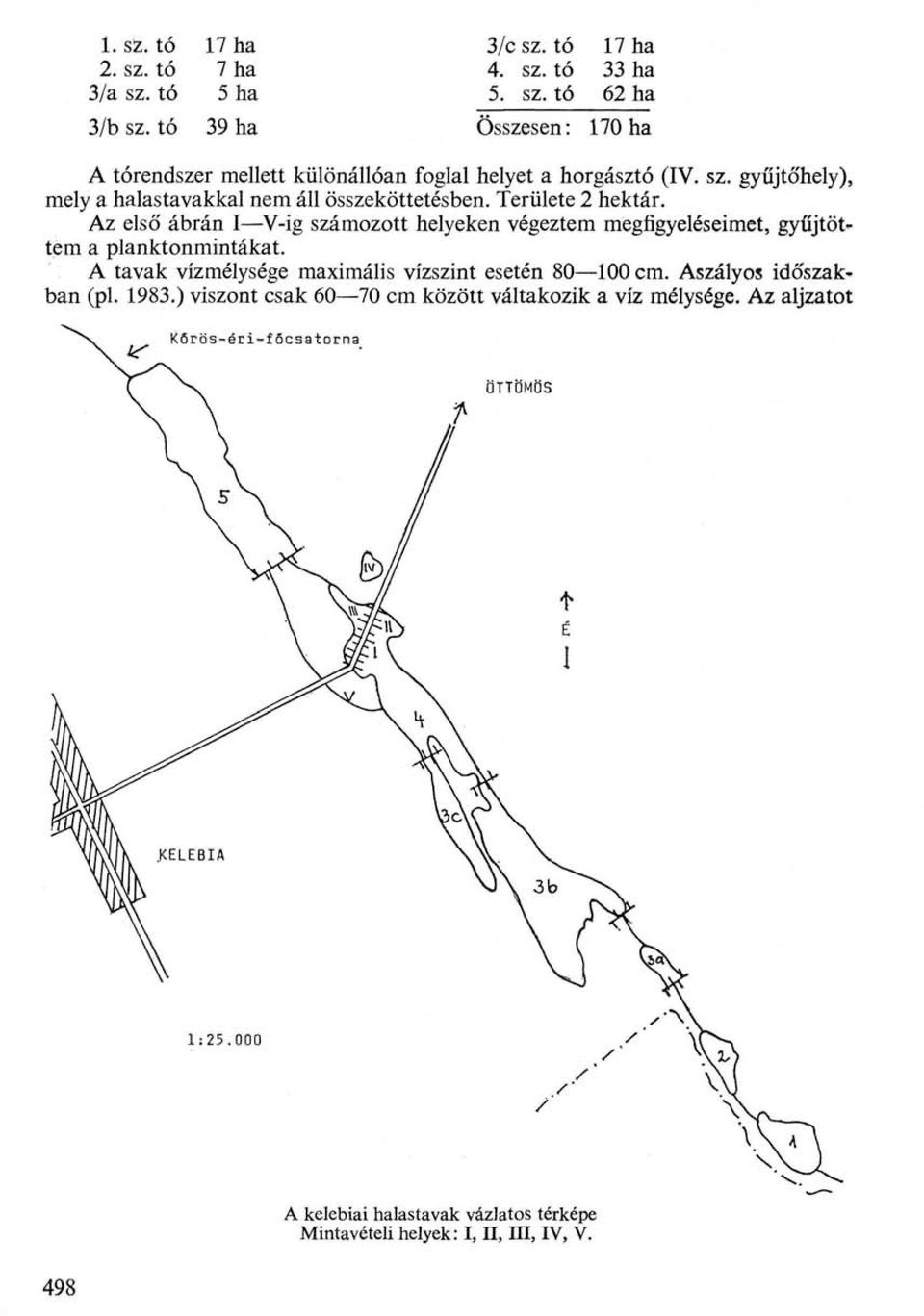 Területe 2 hektár. Az első ábrán I V-ig számozott helyeken végeztem megfigyeléseimet, gyűjtőt* tem a planktonmintákat.