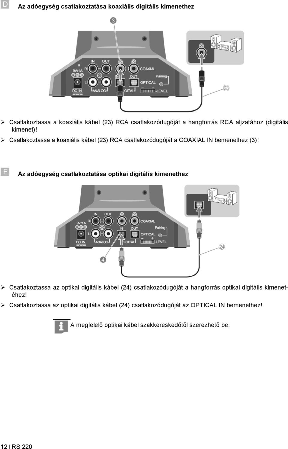 E Az adóegység csatlakoztatása optikai digitális kimenethez Csatlakoztassa az optikai digitális kábel (24) csatlakozódugóját a hangforrás optikai