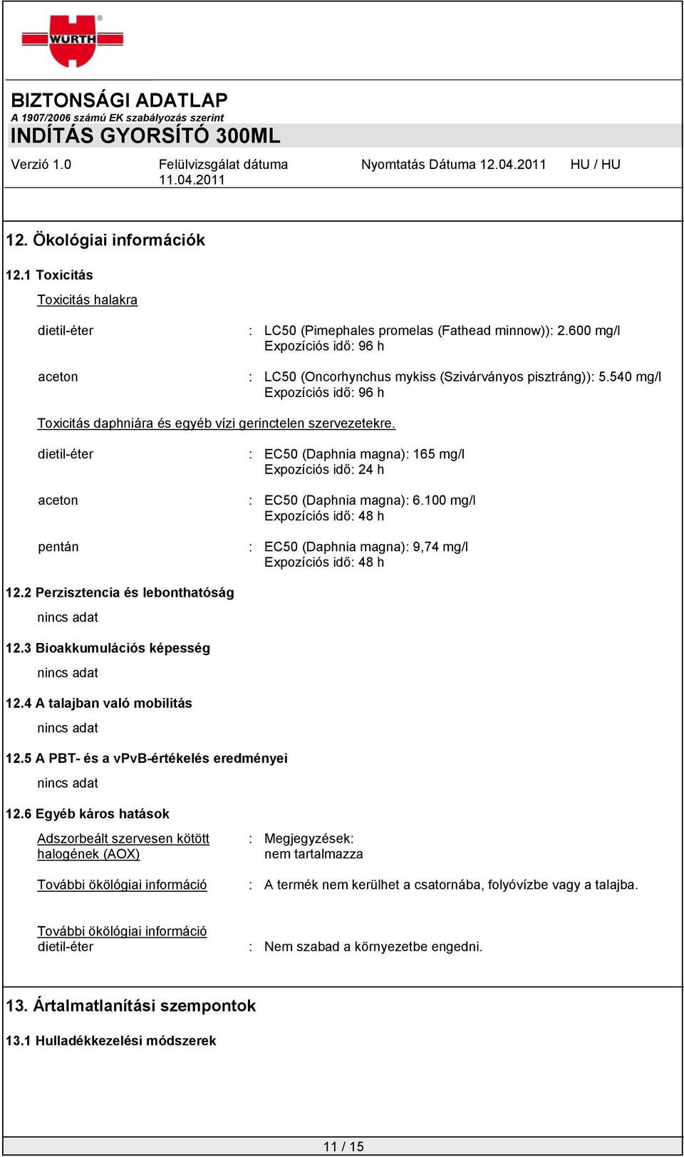 dietil-éter aceton pentán : EC50 (Daphnia magna): 165 mg/l Expozíciós idő: 24 h : EC50 (Daphnia magna): 6.100 mg/l Expozíciós idő: 48 h : EC50 (Daphnia magna): 9,74 mg/l Expozíciós idő: 48 h 12.