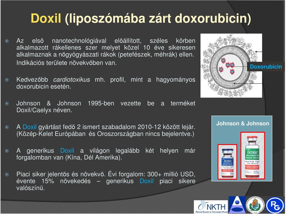 Johnson & Johnson 1995-ben vezette be a terméket Doxil/Caelyx néven. A Doxil gyártást fedő 2 ismert szabadalom 2010-12 között lejár.