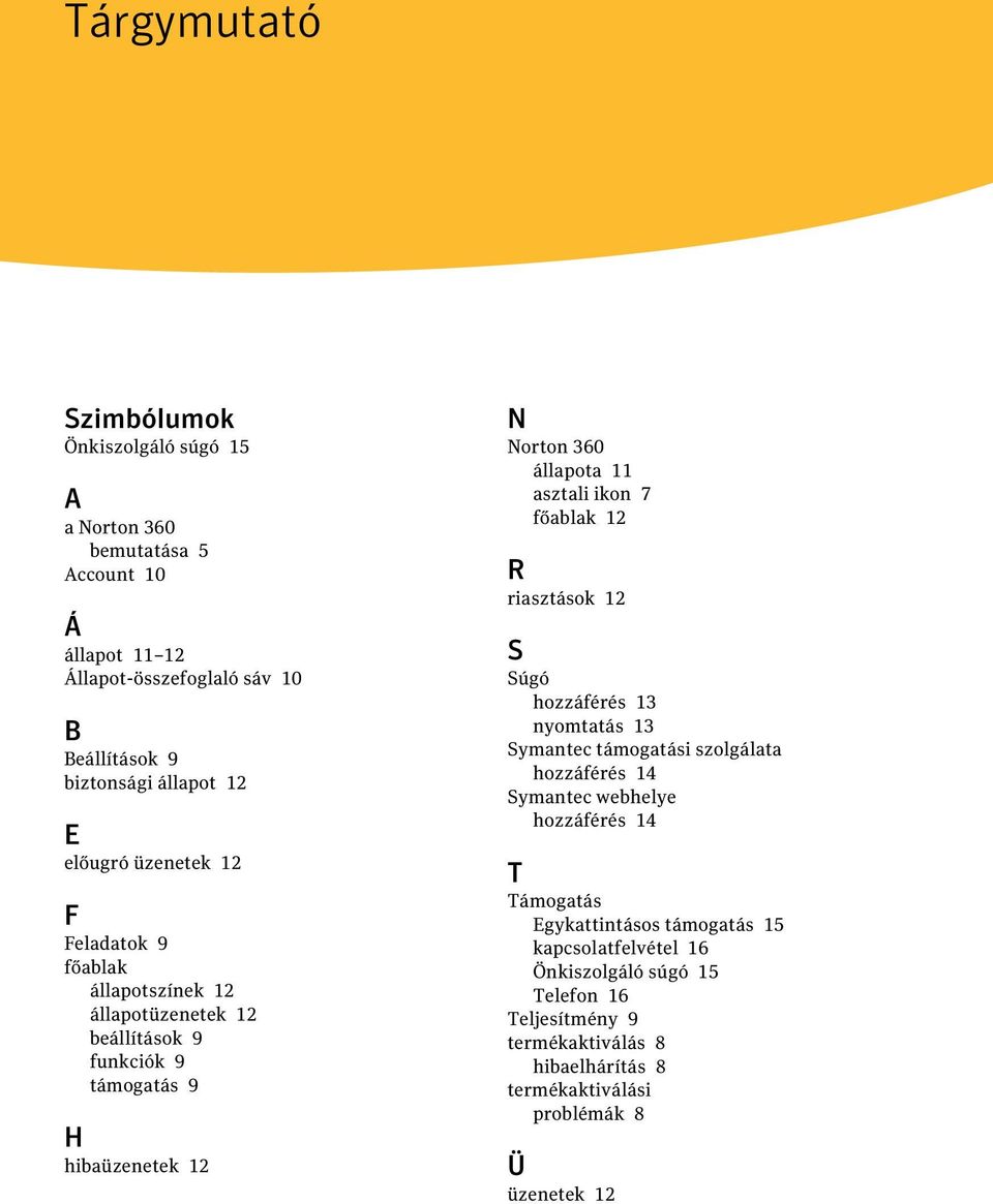 asztali ikon 7 főablak 12 R riasztások 12 S Súgó hozzáférés 13 nyomtatás 13 Symantec támogatási szolgálata hozzáférés 14 Symantec webhelye hozzáférés 14 T Támogatás