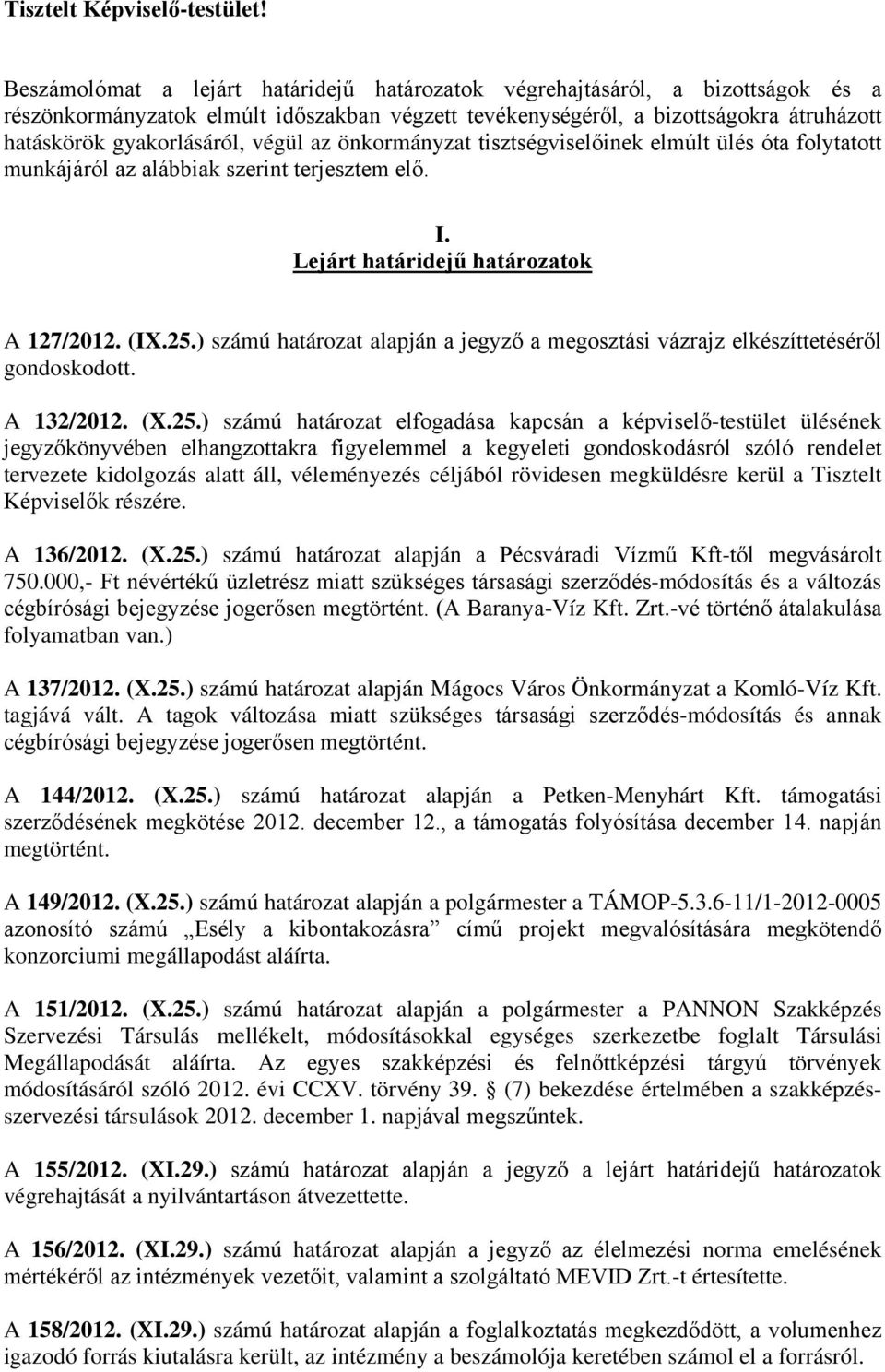 végül az önkormányzat tisztségviselőinek elmúlt ülés óta folytatott munkájáról az alábbiak szerint terjesztem elő. I. Lejárt határidejű határozatok A 127/2012. (IX.25.