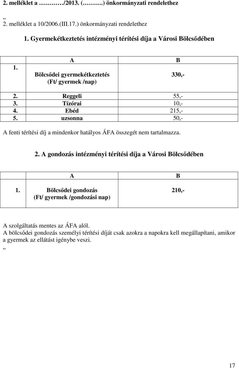 Ebéd 215,- 5. uzsonna 50,- A fenti térítési díj a mindenkor hatályos ÁFA összegét nem tartalmazza. 2. A gondozás intézményi térítési díja a Városi Bölcsődében 1.