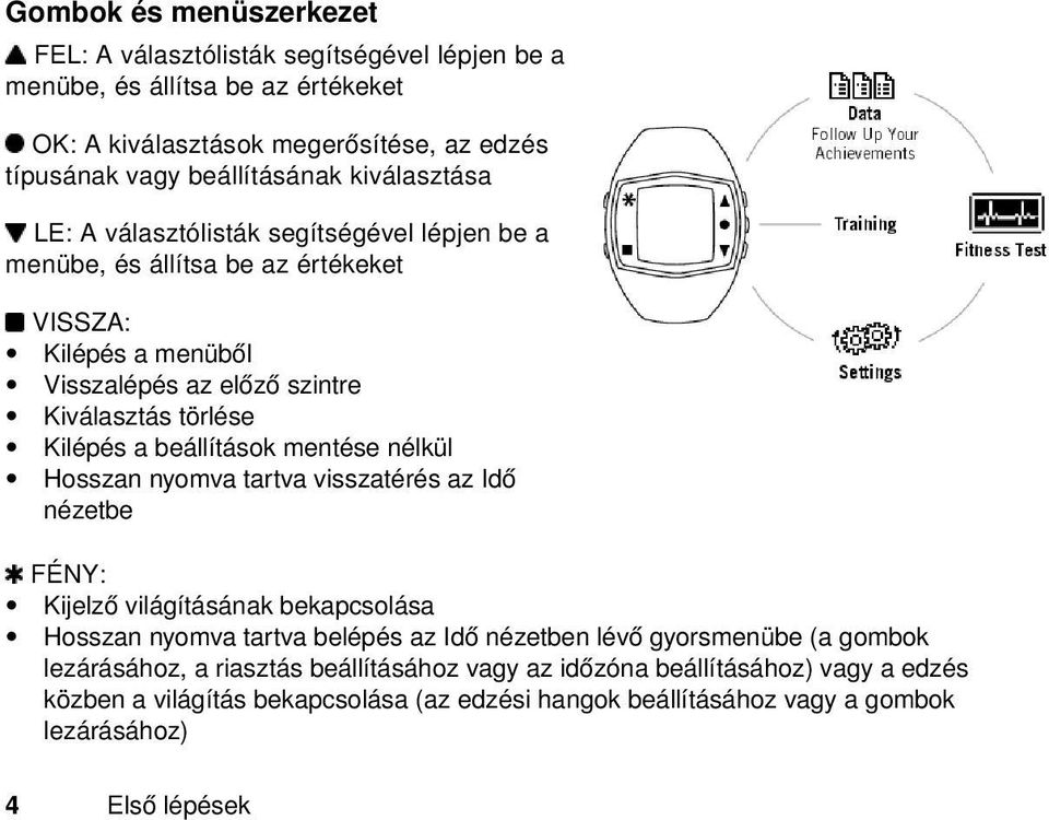 beállítások mentése nélkül Hosszan nyomva tartva visszatérés az Idő nézetbe FÉNY: Kijelző világításának bekapcsolása Hosszan nyomva tartva belépés az Idő nézetben lévő gyorsmenübe (a