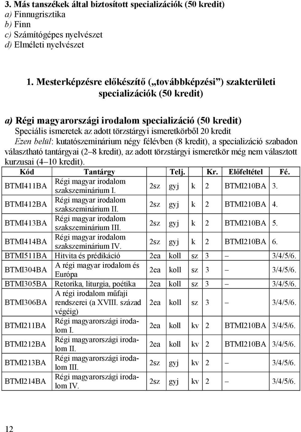 kredit Ezen belül: kutatószeminárium négy félévben (8 kredit), a specializáció szabadon választható tantárgyai (2 8 kredit), az adott törzstárgyi ismeretkör még nem választott kurzusai (4 10 kredit).