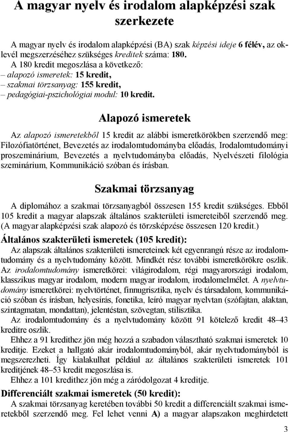 Alapozó ismeretek Az alapozó ismeretekből 15 kredit az alábbi ismeretkörökben szerzendő meg: Filozófiatörténet, Bevezetés az irodalomtudományba előadás, Irodalomtudományi proszeminárium, Bevezetés a