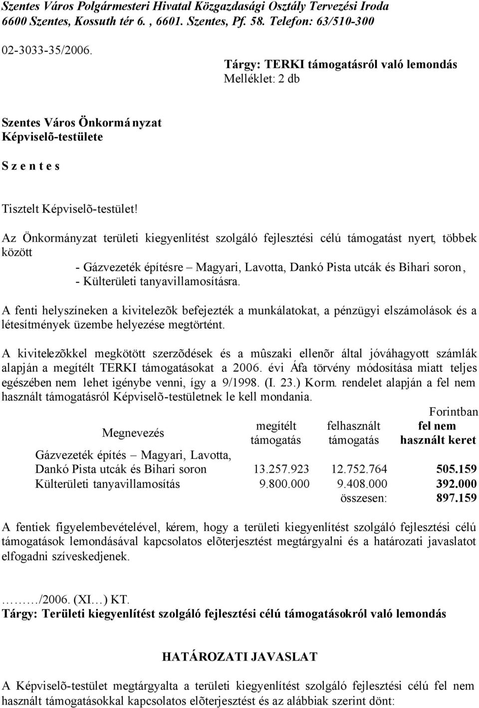 Az Önkormányzat területi kiegyenlítést szolgáló fejlesztési célú támogatást nyert, többek között - Gázvezeték építésre Magyari, Lavotta, Dankó Pista utcák és Bihari soron, - Külterületi