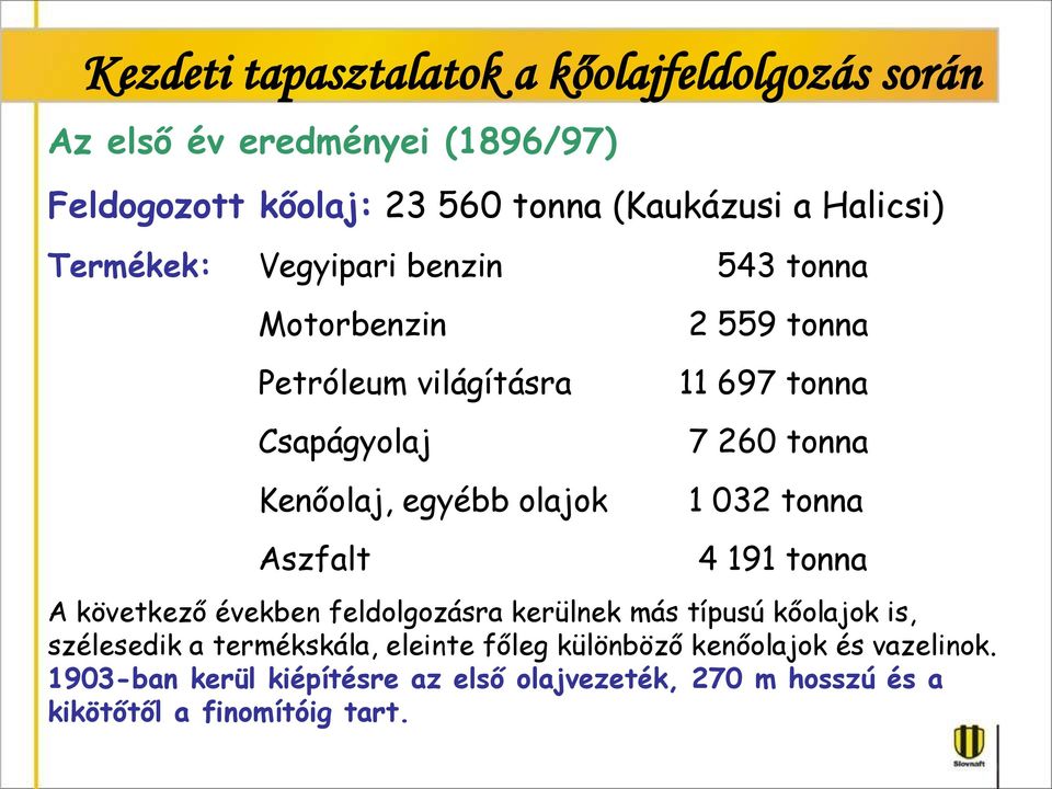 olajok 1 032 tonna Aszfalt 4 191 tonna A következő években feldolgozásra kerülnek más típusú kőolajok is, szélesedik a termékskála,