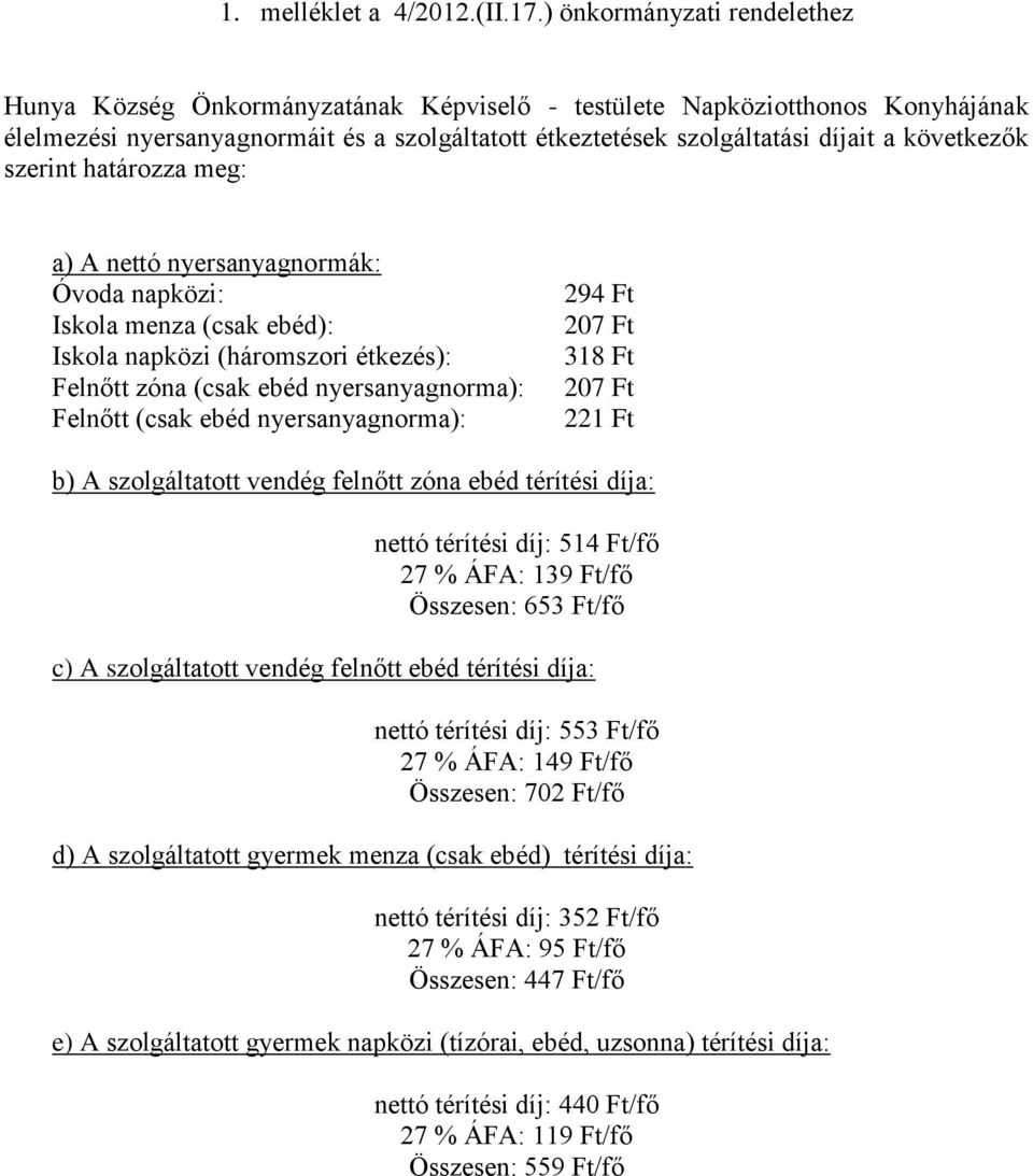 következők szerint határozza meg: a) A nettó nyersanyagnormák: Óvoda napközi: Iskola menza (csak ebéd): Iskola napközi (háromszori étkezés): Felnőtt zóna (csak ebéd nyersanyagnorma): Felnőtt (csak