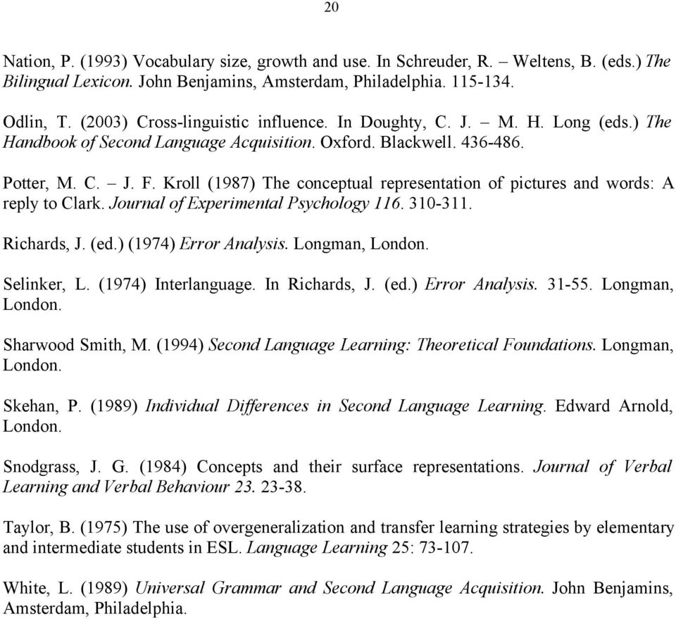 Kroll (1987) The conceptual representation of pictures and words: A reply to Clark. Journal of Experimental Psychology 116. 310-311. Richards, J. (ed.) (1974) Error Analysis. Longman, London.