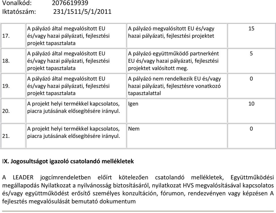 Jogosultságot igazoló csatolandó mellékletek A LEADER jogcímrendeletben előírt kötelezően csatolandó mellékletek, Együttműködési megállapodás Nyilatkozat a