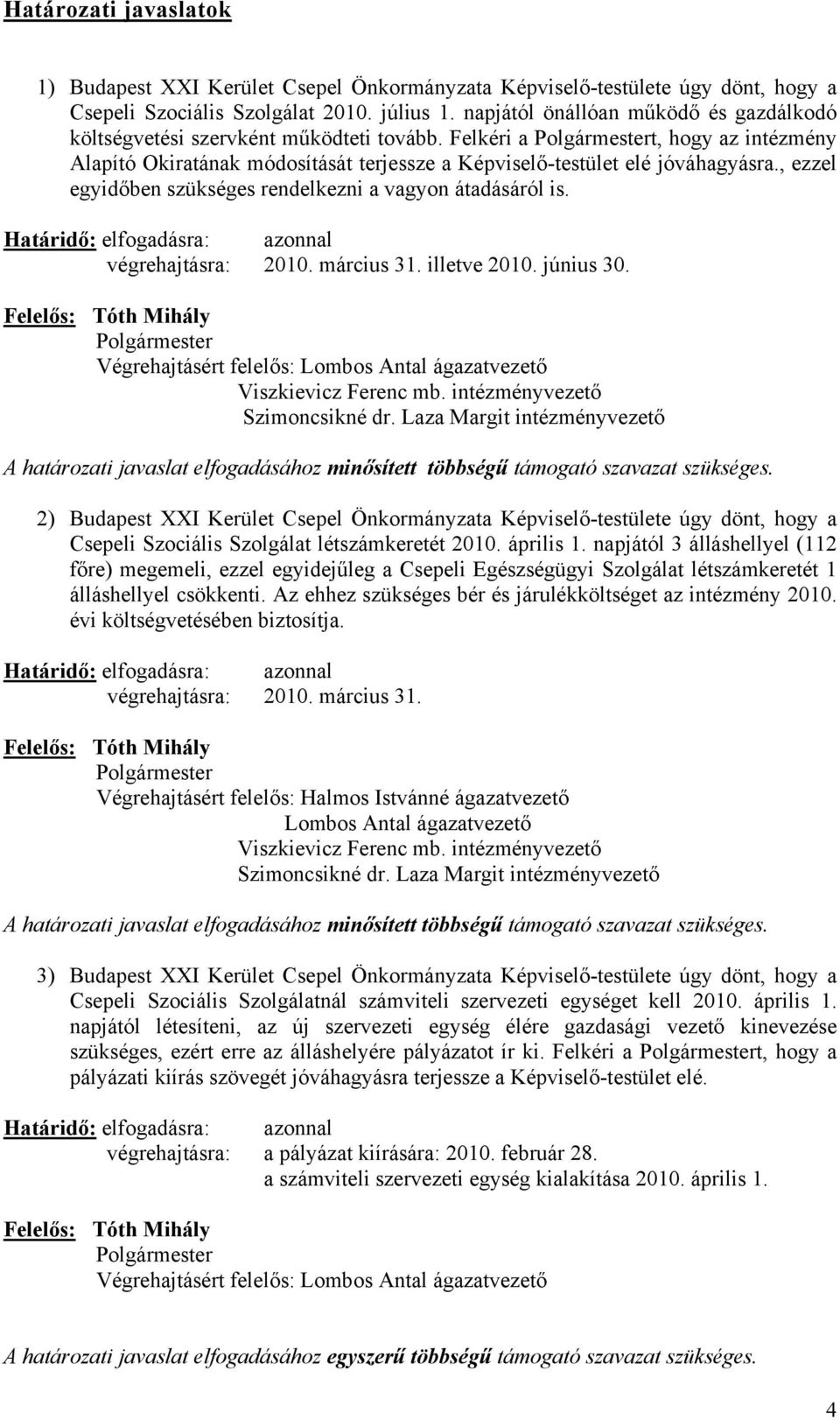 , ezzel egyidőben szükséges rendelkezni a vagyon átadásáról is. végrehajtásra: 2010. március 31. illetve 2010. június 30. Végrehajtásért felelős: Lombos Antal ágazatvezető Viszkievicz Ferenc mb.