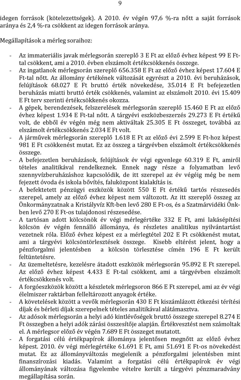 - Az ingatlanok mérlegsorán szereplő 656.358 E Ft az előző évhez képest 17.604 E Ft-tal nőtt. Az állomány értékének változását egyrészt a 2010. évi beruházások, felújítások 68.