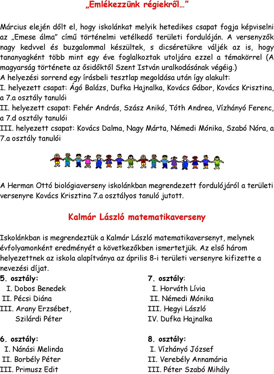 István uralkodásának végéig.) A helyezési sorrend egy írásbeli tesztlap megoldása után így alakult: I. helyezett csapat: Ágó Balázs, Dufka Hajnalka, Kovács Gábor, Kovács Krisztina, a 7.