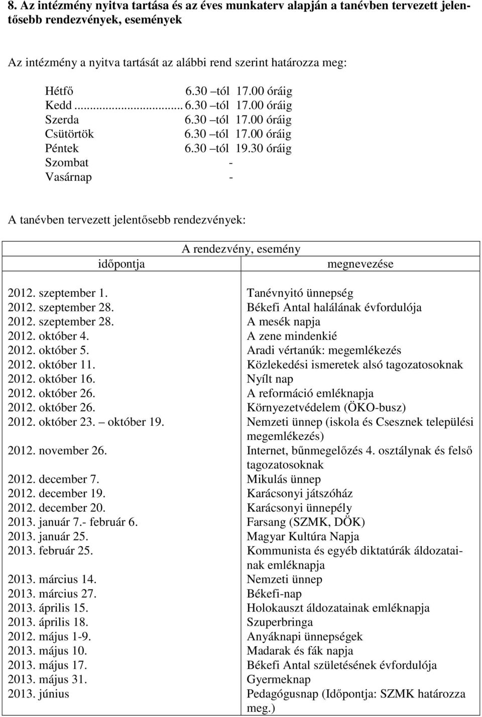 30 óráig Szombat - Vasárnap - A tanben tervezett jelentősebb rendezvények: időpontja A rendezvény, esemény megnevezése 2012. szeptember 1. 2012. szeptember 28. 2012. szeptember 28. 2012. október 4.