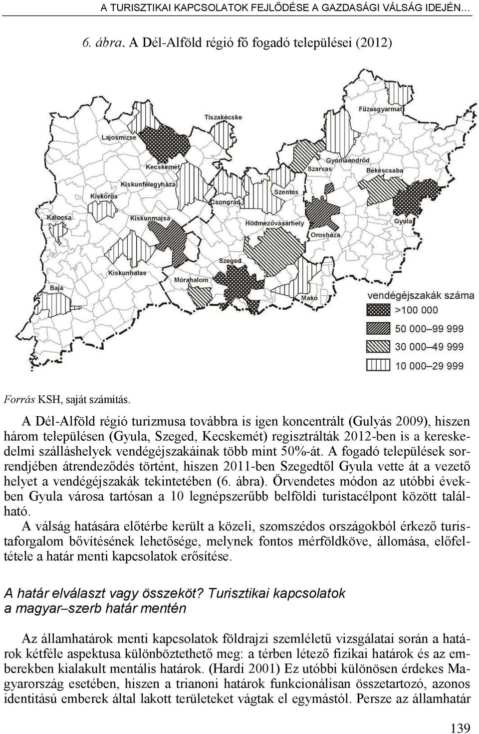 több mint ő0%-át. A fogadó települések sorrendjében átrendez dés történt, hiszen 2011-ben Szegedt l Gyula vette át a vezet helyet a vendégéjszakák tekintetében (6. ábra).