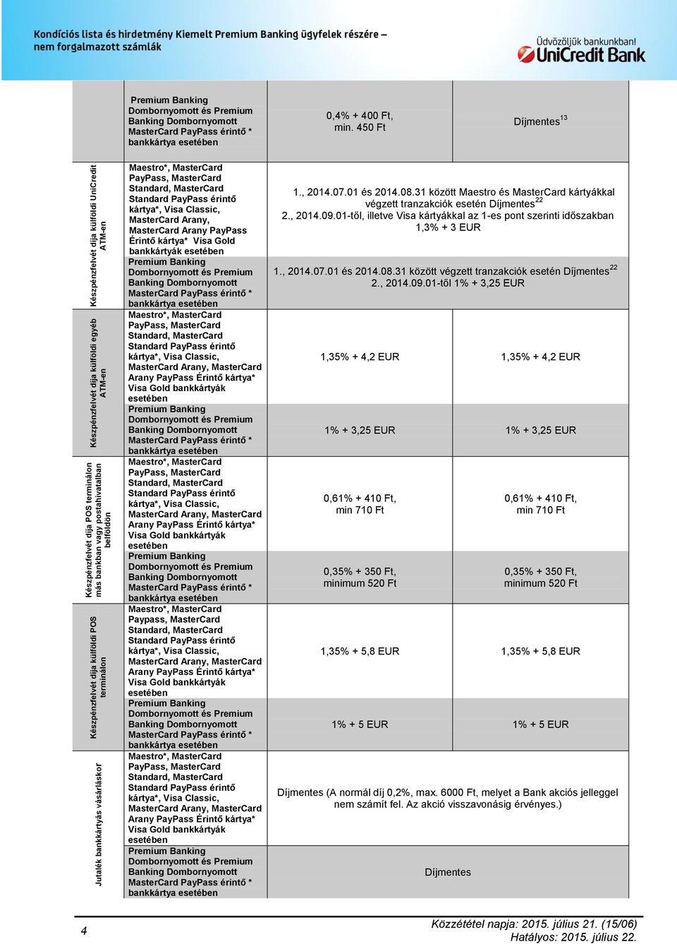 31 között Maestro és MasterCard kártyákkal végzett tranzakciók esetén 22 2., 2014.09.01-től, illetve Visa kártyákkal az 1-es pont szerinti időszakban 1,3% + 3 EUR 1., 2014.07.01 és 2014.08.