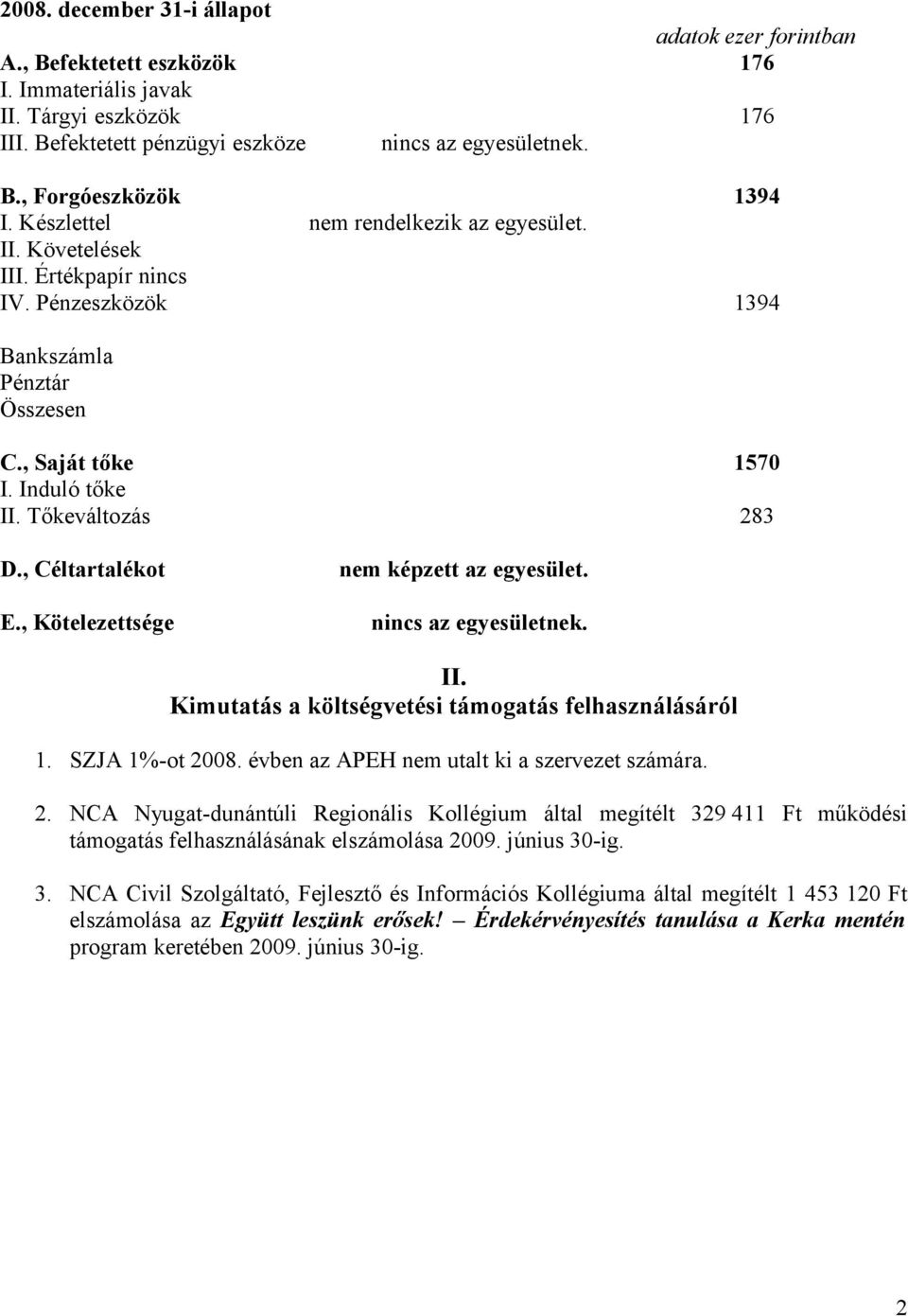 , Céltartalékot nem képzett az egyesület. E., Kötelezettsége II. Kimutatás a költségvetési támogatás felhasználásáról 1. SZJA 1%-ot 20