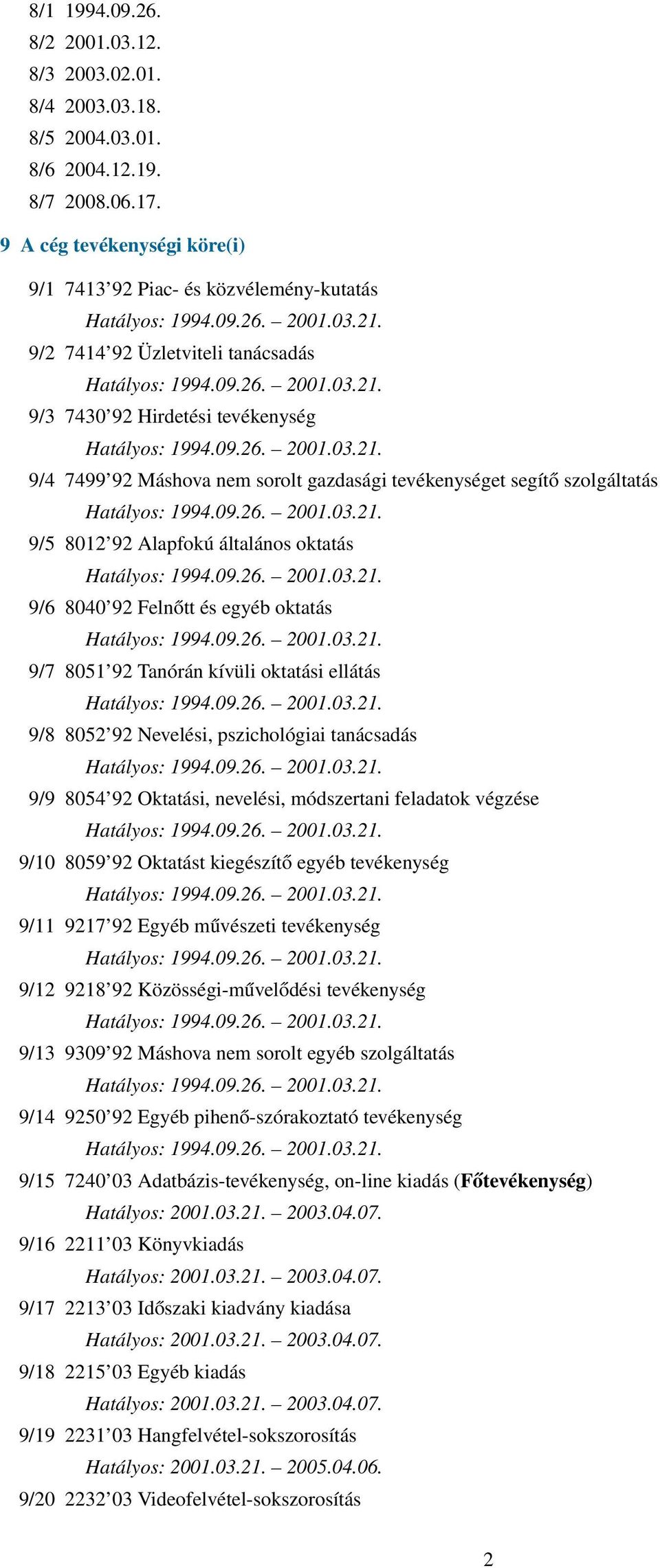 segítő szolgáltatás 9/5 8012 92 Alapfokú általános oktatás 9/6 8040 92 Felnőtt és egyéb oktatás 9/7 8051 92 Tanórán kívüli oktatási ellátás 9/8 8052 92 Nevelési, pszichológiai tanácsadás 9/9 8054 92