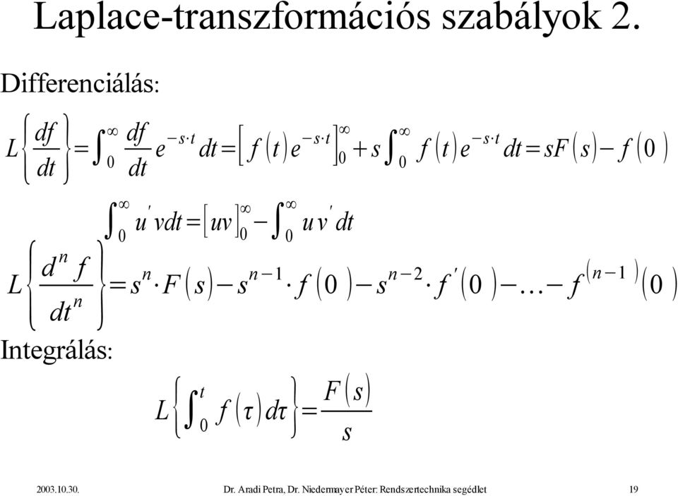 Integrálás: 0 u ' vdt=[uv ] 0 0 u v ' dt s 0 f t e s t dt=sf s f 0 =sn F s s n 1