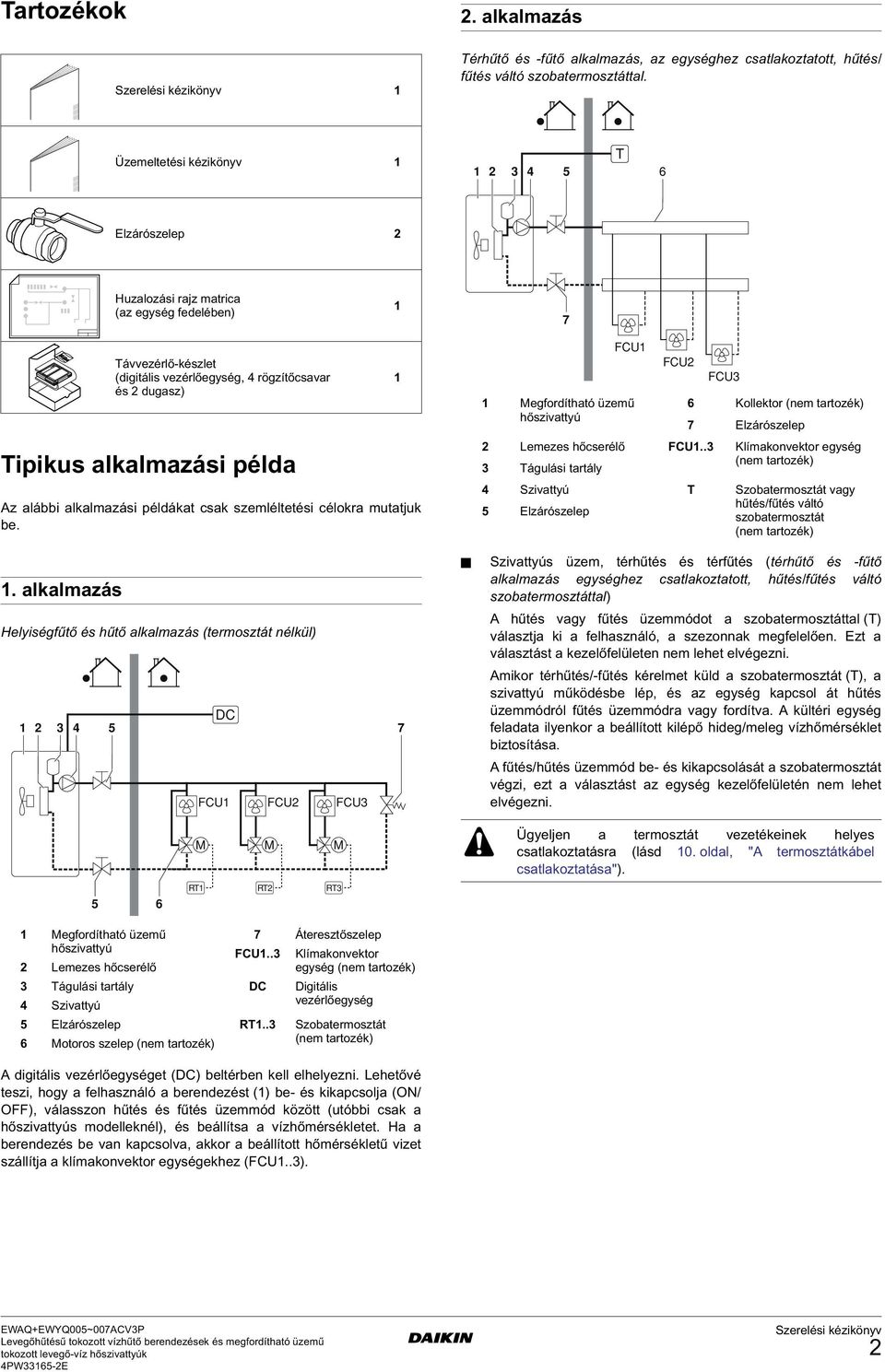 Az alábbi alkalmazási példákat csak szemléltetési célokra mutatjuk be. FCU Megfordítható üzemű hőszivattyú FCU2 FCU3 6 Kollektor (nem tartozék) 7 Elzárószelep 2 Lemezes hőcserélő FCU.