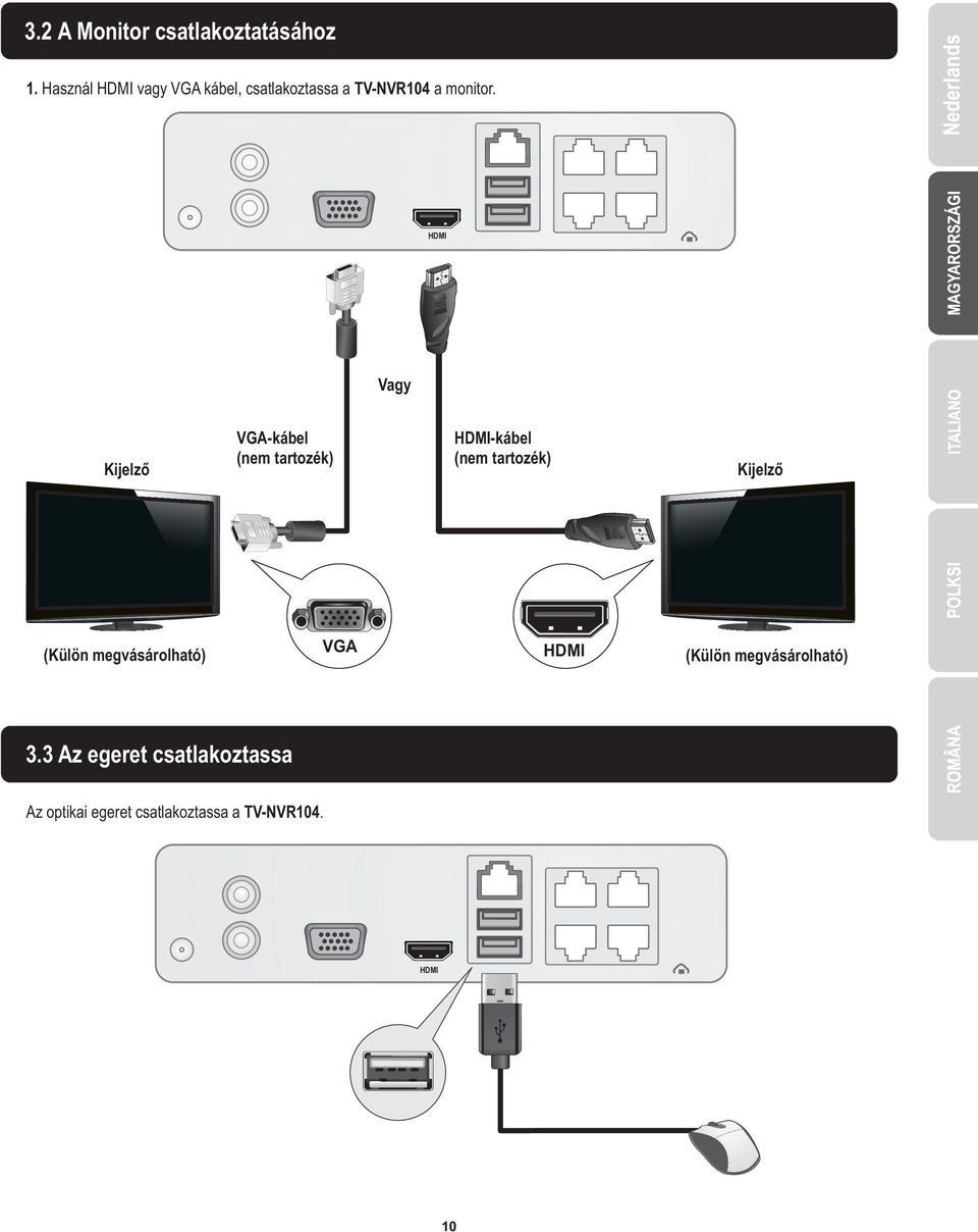 HDMI Vagy Kijelző VGA-kábel (nem tartozék) HDMI-kábel (nem tartozék) Kijelző