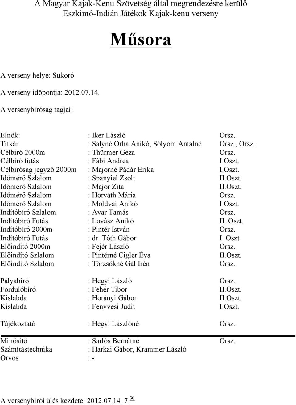 Célbíróság jegyző 2000m : Majorné Pádár Erika I.Oszt. Időmérő Szlalom : Spanyiel Zsolt II.Oszt. Időmérő Szlalom : Major Zita II.Oszt. Időmérő Szlalom : Horváth Mária Orsz.