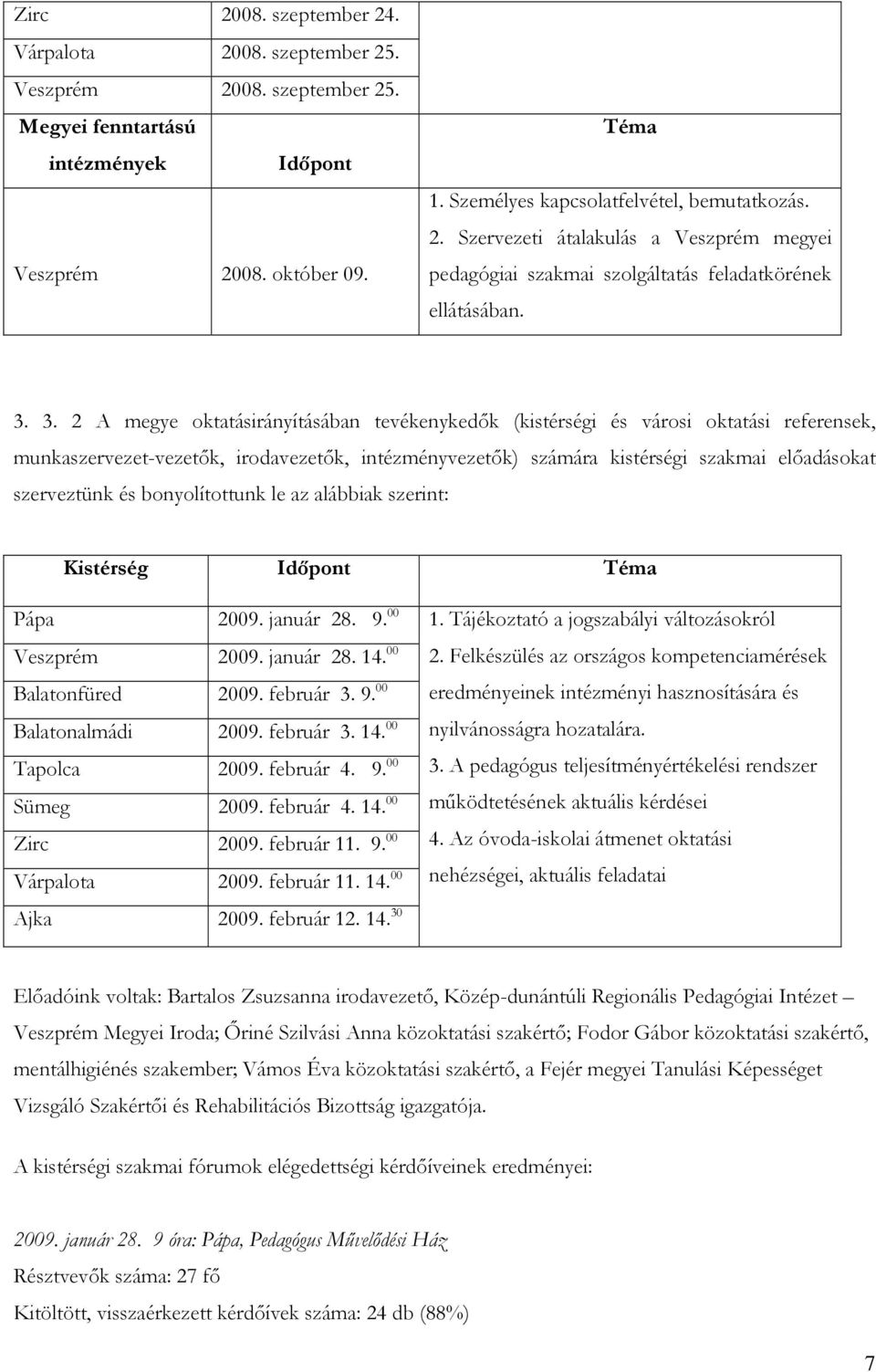 3. 2 A megye oktatásirányításában tevékenykedők (kistérségi és városi oktatási referensek, munkaszervezet-vezetők, irodavezetők, intézményvezetők) számára kistérségi szakmai előadásokat szerveztünk