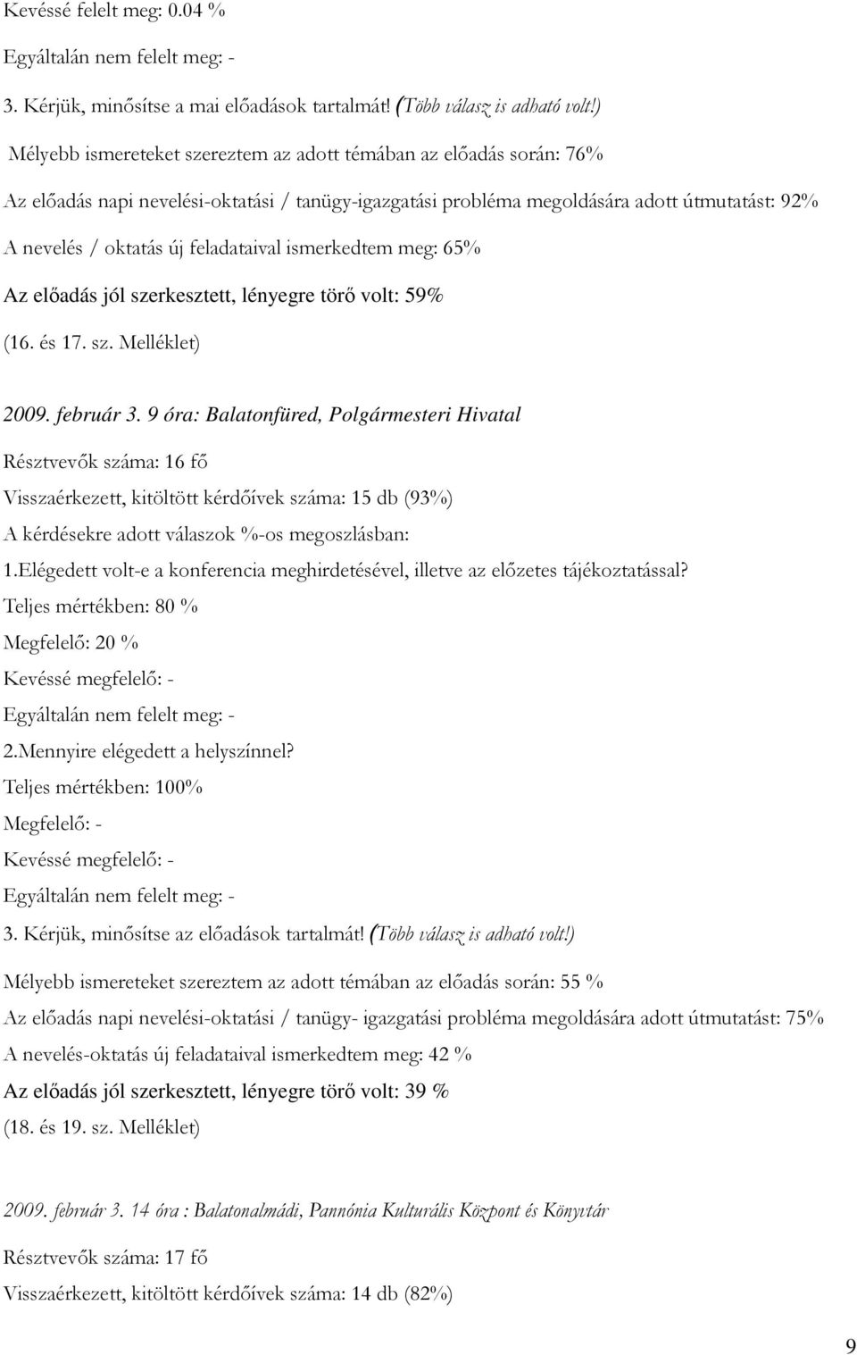 feladataival ismerkedtem meg: 65% Az előadás jól szerkesztett, lényegre törő volt: 59% (16. és 17. sz. Melléklet) 2009. február 3.