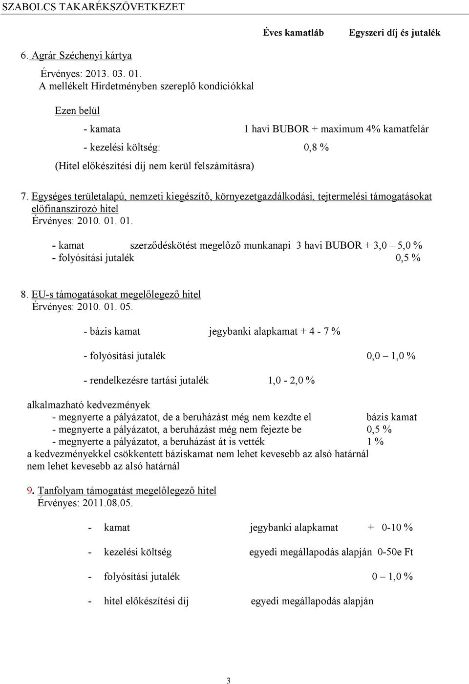 Egységes területalapú, nemzeti kiegészítő, környezetgazdálkodási, tejtermelési támogatásokat előfinanszírozó hitel Érvényes: 2010. 01.