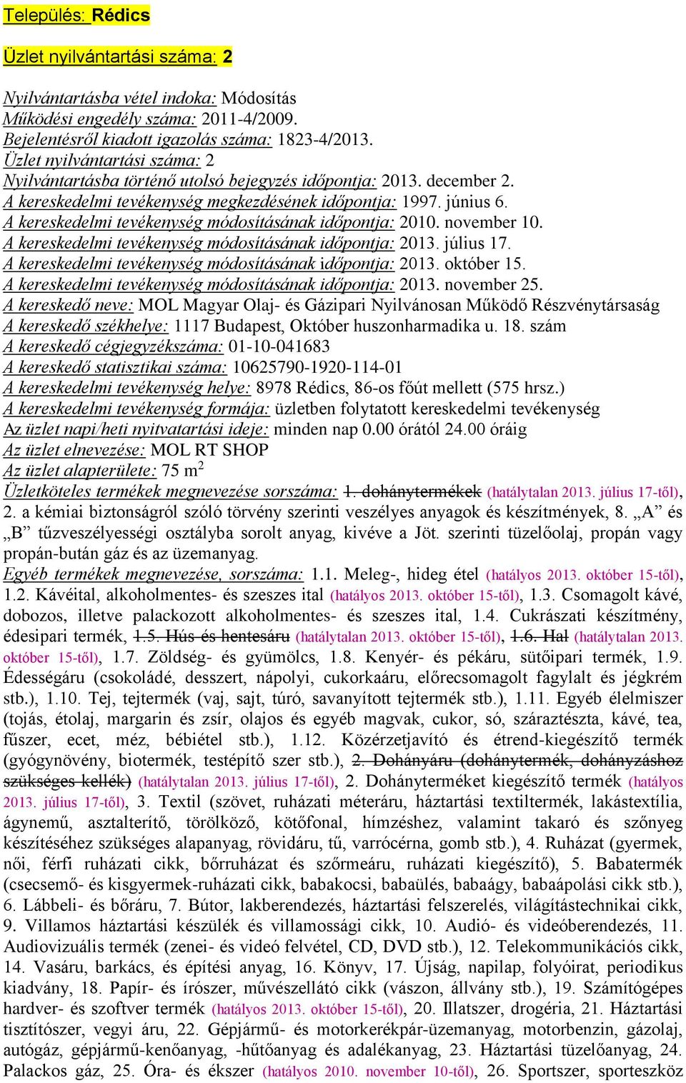 A kereskedelmi tevékenység módosításának időpontja: 2010. november 10. A kereskedelmi tevékenység módosításának időpontja: 2013. július 17. A kereskedelmi tevékenység módosításának időpontja: 2013. október 15.