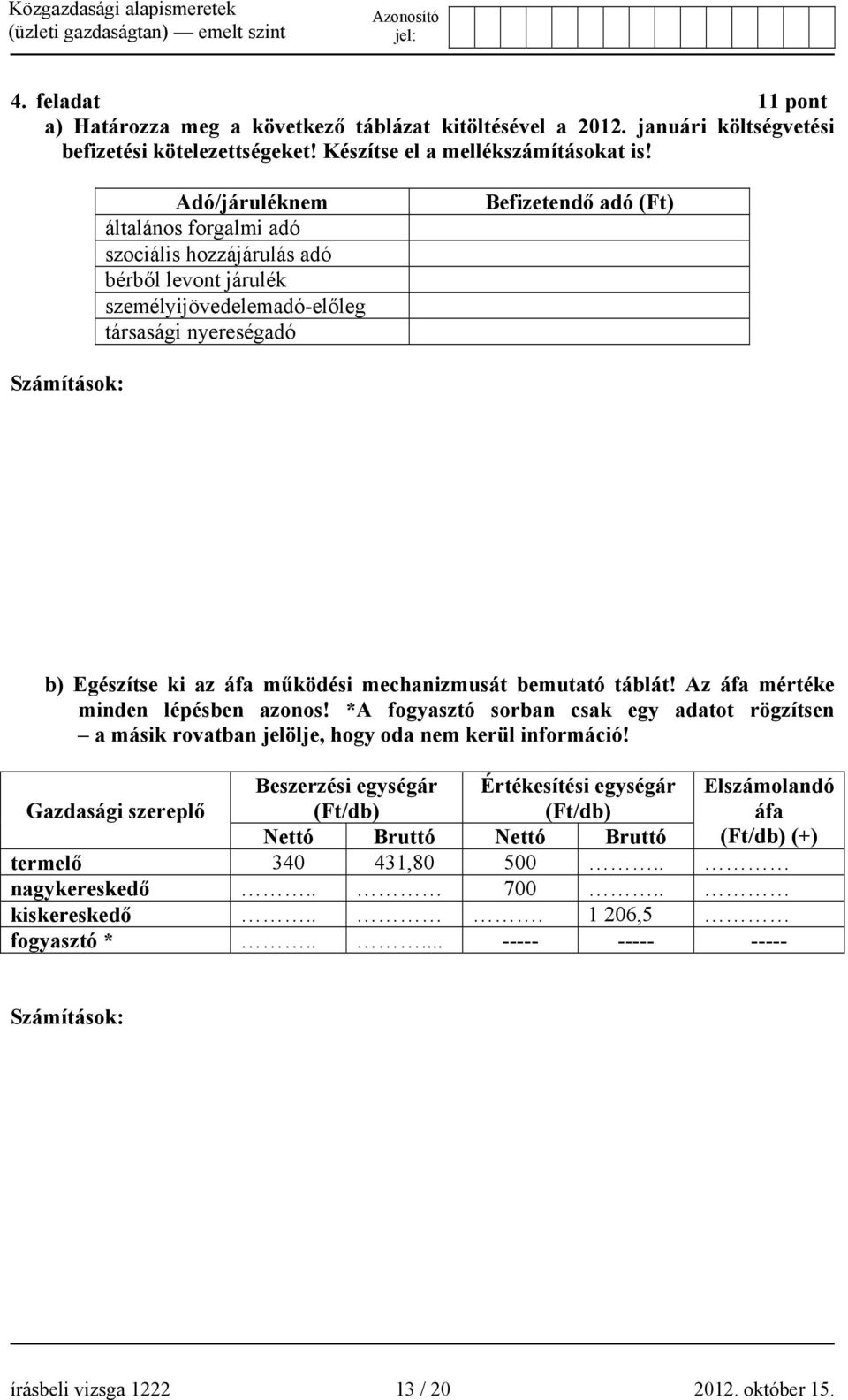 működési mechanizmusát bemutató táblát! Az áfa mértéke minden lépésben azonos! *A fogyasztó sorban csak egy adatot rögzítsen a másik rovatban jelölje, hogy oda nem kerül információ!