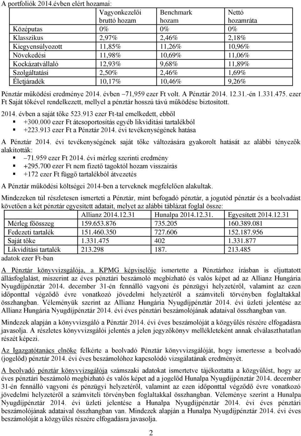 12,93% 9,68% 11,89% Szolgáltatási 2,50% 2,46% 1,69% Életjáradék 10,17% 10,46% 9,26% 2 Nettó hozamráta Pénztár működési eredménye 2014. évben 71,959 ezer Ft volt. A Pénztár 2014. 12.31.-én 1.331.475.