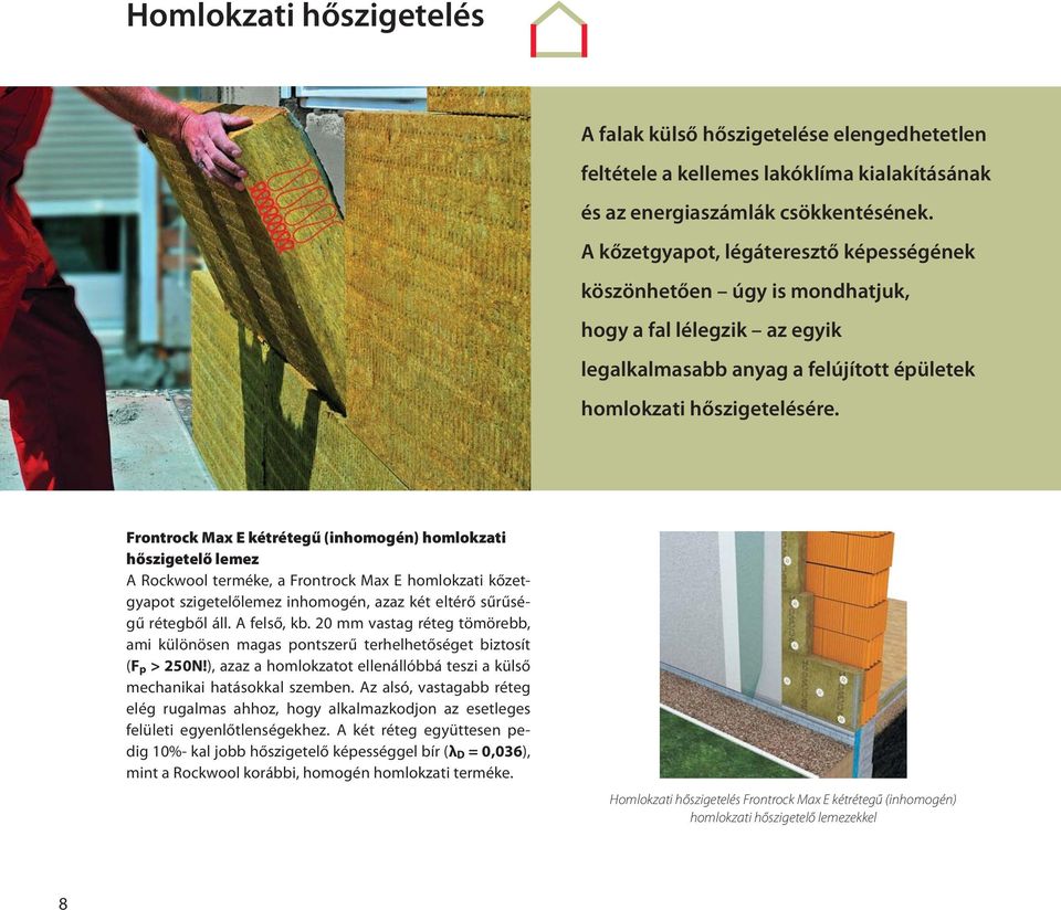 Frontrock Max E kétrétegű (inhomogén) homlokzati hőszigetelő lemez A Rockwool terméke, a Frontrock Max E homlokzati kő zetgyapot szigetelőlemez inhomogén, azaz két eltérő sűrűségű rétegből áll.