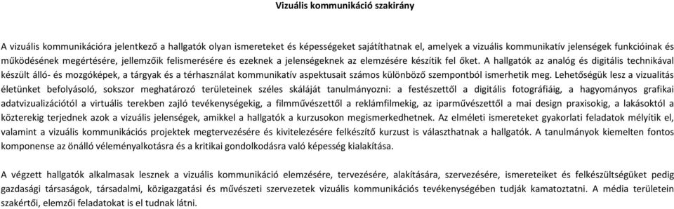 A hallgatók az analóg és digitális technikával készült álló- és mozgóképek, a tárgyak és a térhasználat kommunikatív aspektusait számos különböző szempontból ismerhetik meg.