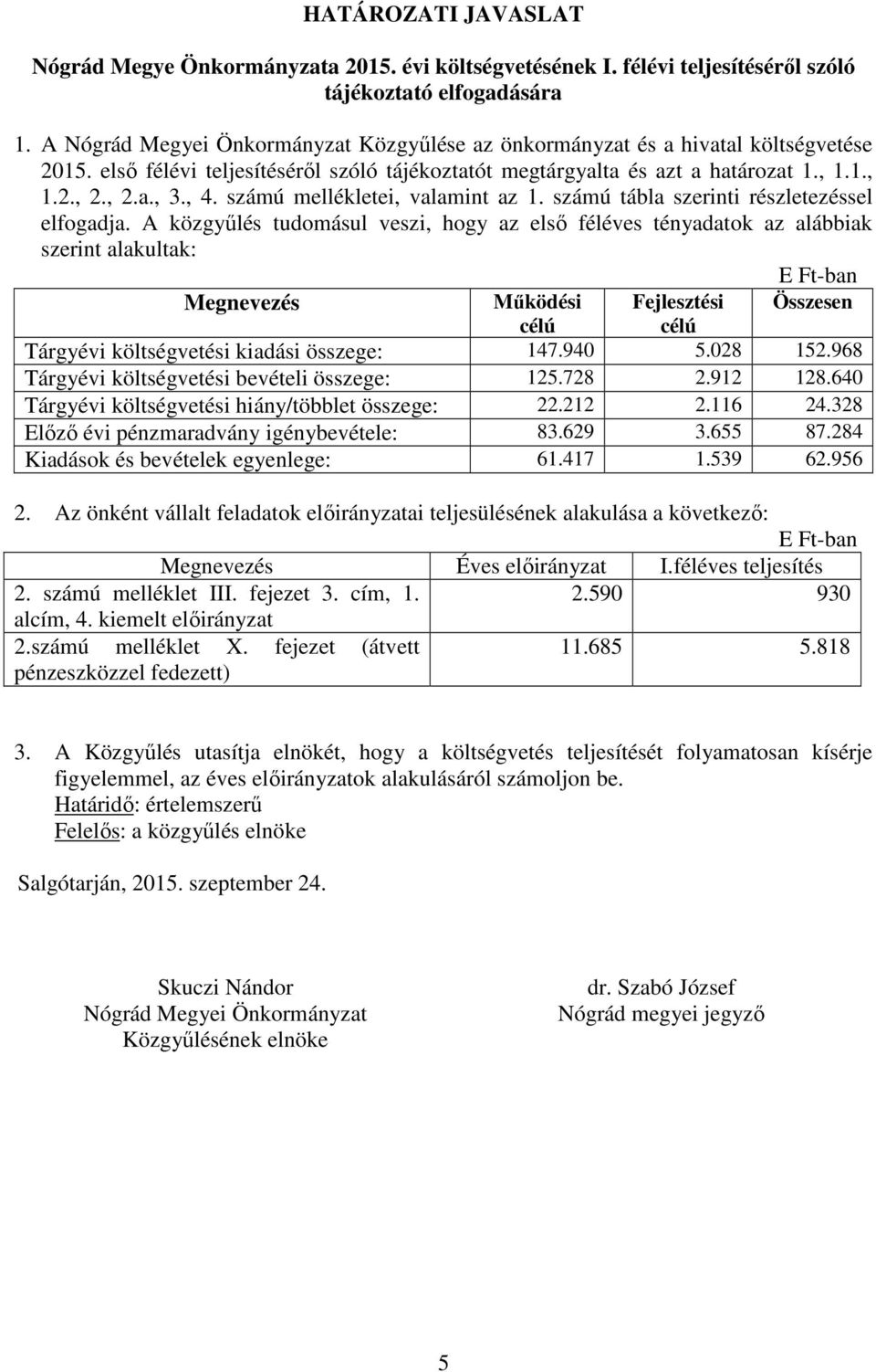 számú mellékletei, valamint az 1. számú tábla szerinti részletezéssel elfogadja.