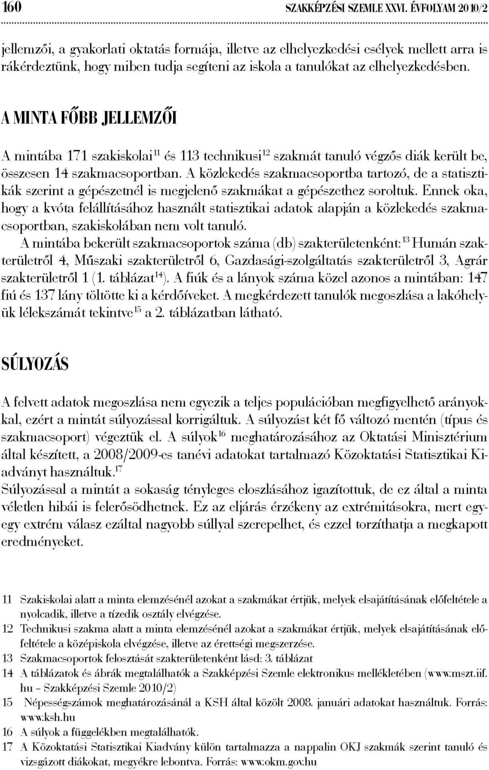 A minta főbb jellemzői A mintába 171 szakiskolai 11 és 113 technikusi 12 szakmát tanuló végzős diák került be, összesen 14 szakmacsoportban.